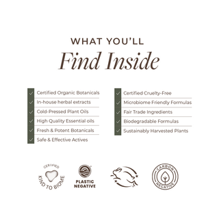 Certified Organic, Cruelty-Free, & Sustainable on white background