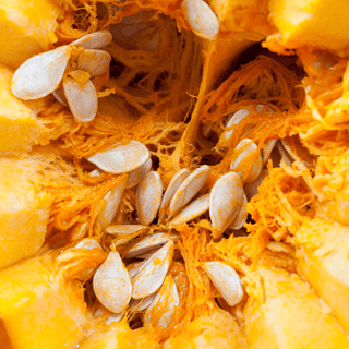 Inside of a pumpkin showing seeds