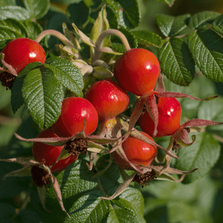 Close-up of vibrant red rosehips on a bush