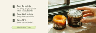 Two skincare jars on a surface with promotional text about points and subscriptions.