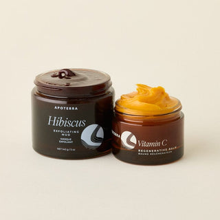 Apoterra's Ultimate Glow Masking Duo featuring hibiscus mud and vitamin c balm for deeply hydrating, glowing skin