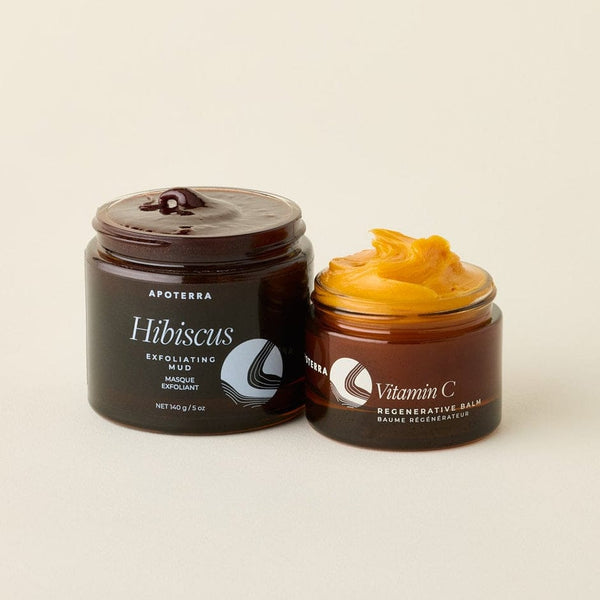 Apoterra's Ultimate Glow Masking Duo featuring hibiscus mud and vitamin c balm for deeply hydrating, glowing skin