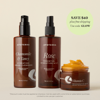 Apoterra's Best Skin Ever skin quiz Trio of products for skin barrier support featuring the Vitamin C Regenerative Balm, the Rose Hydration Mist, and the Chamomile & Tansy Cleanser