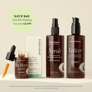 A trio of Apoterra clean skincare products to help balance blemishes featuring the Sea Berry Facial Oil, Neroli Complexion Mist, and the Vetiver Oil Cleanser