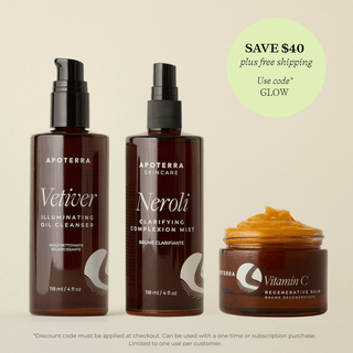 Apoterra's trio of products for a daily defense ritual featuring the Vetiver Oil Cleanser, the Neroli Clarifying Mist, and the Vitamin C Regenerative Balm