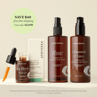 Apoterra's trio of products to nourish & nurture for your best skin ever featuring the Chamomile Tansy Cleanser, the Rose Hydration Mist, and the Sea Berry Facial Oil