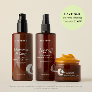 Apoterra's trio of products to enhance radiant renewal for your best skin ever featuring the Chamomile Tansy Cleanser, the Neroli Clarifying Mist, and the Vitamin C Regenerative Balm