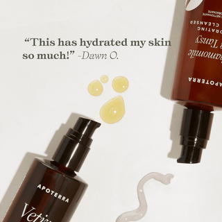 Apoterra Hydrating Double Cleanse Kit Vetiver Oil and Chamomile Tansy Cleanser with product texture laydown photo