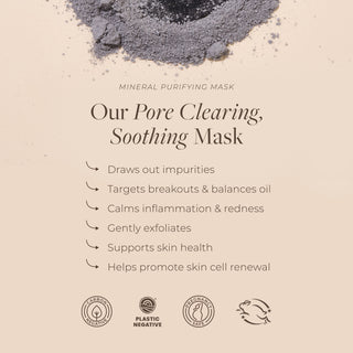 Apoterra Mineral Purifying Mask benefits include pore clearing, soothing skin, drawing out impurities, and calming redness and inflammation 