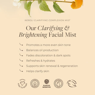 Neroli Clarifying Complexion Mist by Apoterra is a clarifying & brightening facial most that promotes even skin tone, oil production, & supports skin renewal & regeneration 