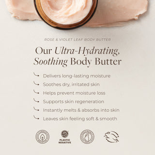 Rose & Violet Leaf Body Butter by Apoterra is ultra-hydrating, soothing body butter that delivers moisture, soothes skin, and supports skin regeneration 