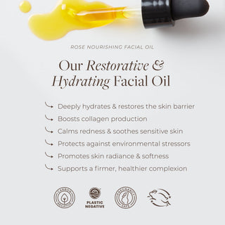 Rose Nourishing Facial Oil by Apoterra is a restorative & hydrating facial oil that restores the skin barrier, boosts collagen production, soothes redness & calms skin 