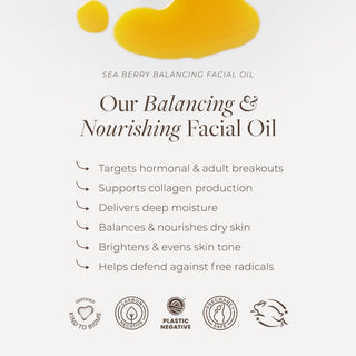 Sea Berry Balancing Facial Oil by Apoterra is a balancing & nourishing facial oil that helps with adult acne & breakouts while supporting hydration and collagen production 
