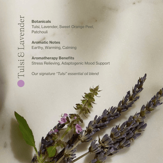 Tulsi and Lavender Vitamin C Body Oil by Apoterra aromatherapy notes & benefits include stress relieving, and adaptogenic mood support