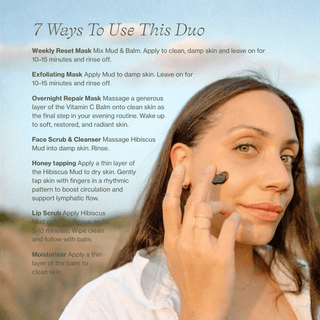 Woman applying hibiscus mud to her face with product how to use text overlay