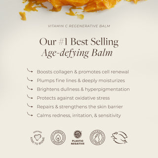 Apoterra Vitamin C Balm benefit listing graphic states Vitamin C alm boosts collagen and promotes cell renewal 