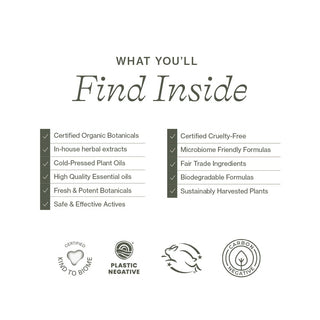 List of natural and clean product features for Apoterra clean skincare products including Kind to Biome, and Leaping Bunny Certified